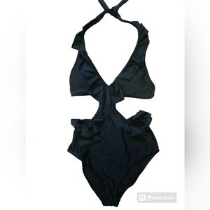 NWT AERIE halter cutout swimsuit.  Womens. Size: Medium Long.  Color: Black.